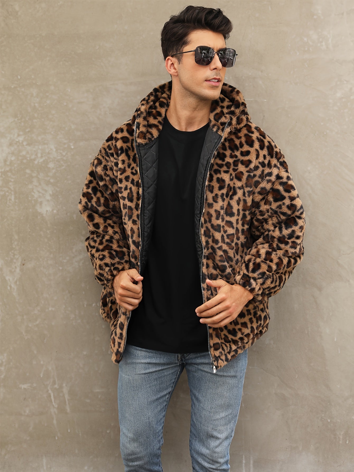 Soft, Warm Men's Faux Fur Hooded Jacket - Elegant Leopard Print Zip-Up Coat with Pockets, Machine Washable for Fall/Winter Casual Wear gotmes-shop