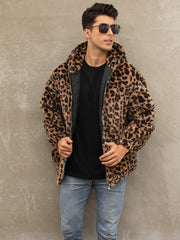 Soft, Warm Men's Faux Fur Hooded Jacket - Elegant Leopard Print Zip-Up Coat with Pockets, Machine Washable for Fall/Winter Casual Wear gotmes-shop