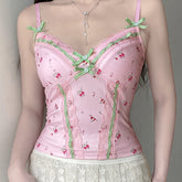 Chic Y2K Floral & Plaid Lace-Trim Cami Top - French-Inspired, Stretchy Linen Blend, Machine Washable - Perfect for All Seasons voguable