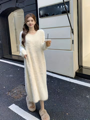 Elegant Faux Mink Fur Women's Lounge Dress - Cozy V-Neck Long Sleeve, Over-the-Knee Knit Robe for Fall/Winter, Korean Style, Loose Fit voguable