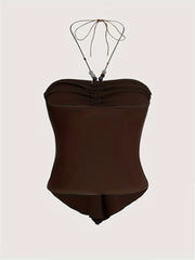 Solid Color Stretchy Polyester Blend Halter Neck Top - Y2K-Inspired Beaded Detail, Perfect for All Seasons voguable