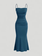 Stretchy Ruched Spaghetti Dress for Women - Elegant Solid Color Suspender, Machine Washable Polyester Blend voguable