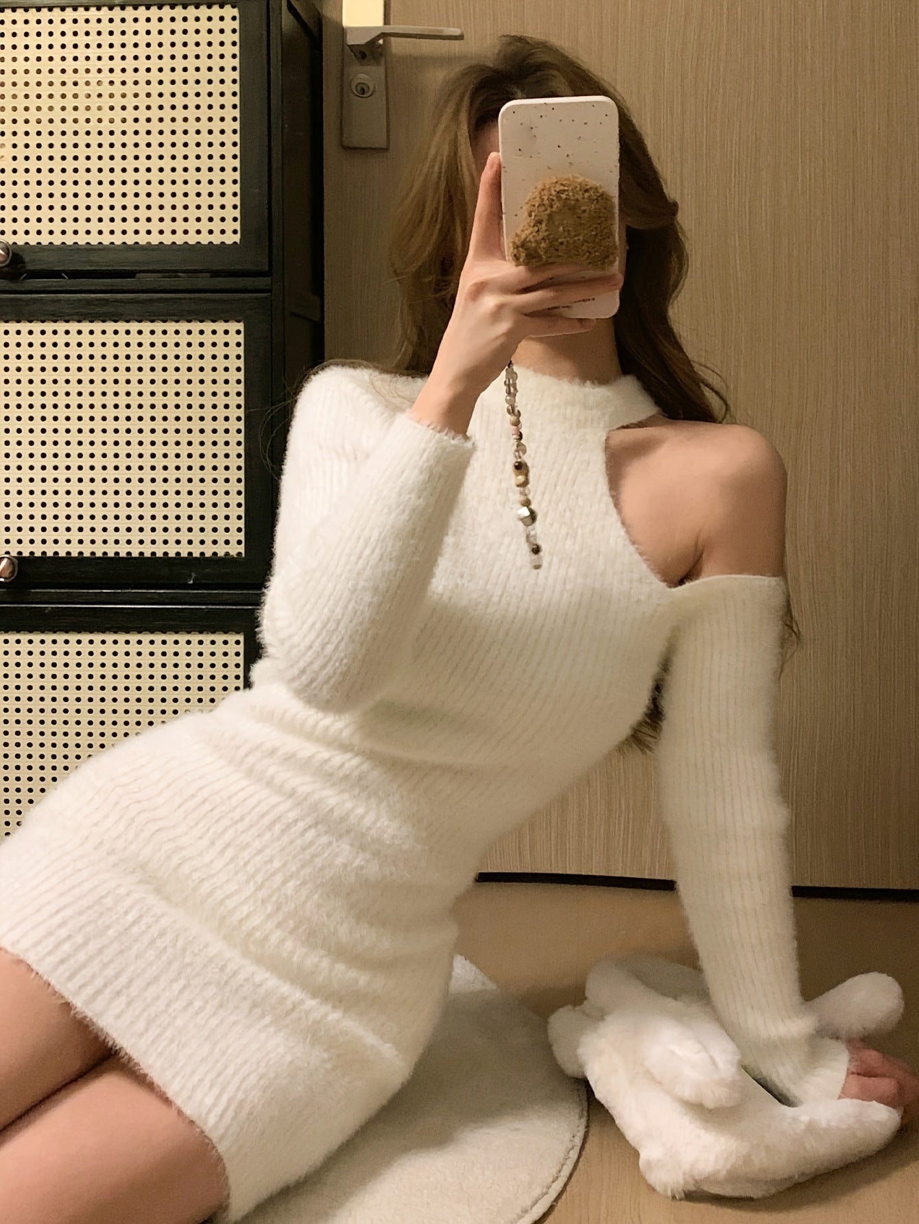 Cold Shoulder Mock Neck Sweater Dress, Chic Solid Color Aline Bodycon Long Sleeve Dress For Spring & Fall, Women's Clothing voguable