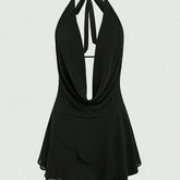 Elegant Women's Solid Color Black Halter Mini Dress - Sexy Backless Design with Tie Detail, Lightweight Polyester, Perfect for Spring/Summer Casual Wear, Plus Size Elegant Dress voguable