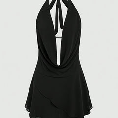 Elegant Women's Solid Color Black Halter Mini Dress - Sexy Backless Design with Tie Detail, Lightweight Polyester, Perfect for Spring/Summer Casual Wear, Plus Size Elegant Dress voguable