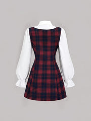 Elegant Women's Plaid Midi Dress with White Lantern Sleeves - Polyester & Spandex Blend, Machine Washable, Perfect for Spring/Summer/Fall Events voguable