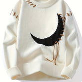 Cozy Acrylic Blend Crescent Moon Sweater - Men's Trendy Distressed Long Sleeve Pullover - Versatile & Warm for Fall/Winter, Plus Size voguable