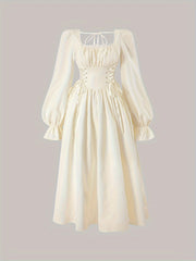 Women's targeted square collar lace patchwork chest pleated V-shaped waist metal eyelet drawstring lantern long-sleeved back wrap dress voguable