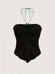 Solid Color Stretchy Polyester Blend Halter Neck Top - Y2K-Inspired Beaded Detail, Perfect for All Seasons voguable