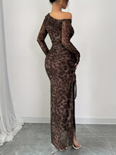 Leopard Print Asymmetrical Neck High Slit Dress - Polyester and Elastane, Machine Washable - Fall/Winter Collection voguable