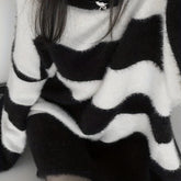 Women's Vintage-Inspired Black & White Striped Pullover Sweater - Cozy Loose Fit, Round Neck, Soft Knit Fabric, Perfect for Spring/Fall, Plus Size Sweaters voguable