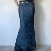 Y2K-Inspired Vintage Plaid Mesh Maxi Skirt with Bow Detail - Stretchy & Machine Washable, Elegant Two-Layer Design for Women voguable