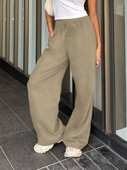 Women's Casual Solid Color Drawstring Waist Knit Polyester Straight Leg Pants - Elegant Summer Collection voguable
