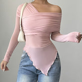 Long Sleeve Polyester Blend Off the Shoulder Asymmetrical Hem T-Shirt - Medium Stretch Knit Fabric, Solid Color, for Spring/Summer/Fall voguable