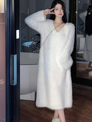 Elegant Faux Mink Fur Women's Lounge Dress - Cozy V-Neck Long Sleeve, Over-the-Knee Knit Robe for Fall/Winter, Korean Style, Loose Fit voguable