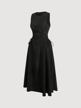 Solid Color Polyester Midi Dress - Elegant Round Neck Cinched Waist for Women - Machine Washable, Long Skirt voguable