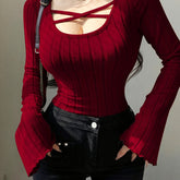 Crisscross Scoop Neck Skinny Top, Casual Solid Color Long Sleeve Ribbed Top For Spring & Fall, Women's Clothing voguable