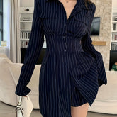 Spring & Fall Perfect Slim Fit Striped Shirt Dress - Elegant Long Sleeves, Machine Washable, Lapel Collar voguable