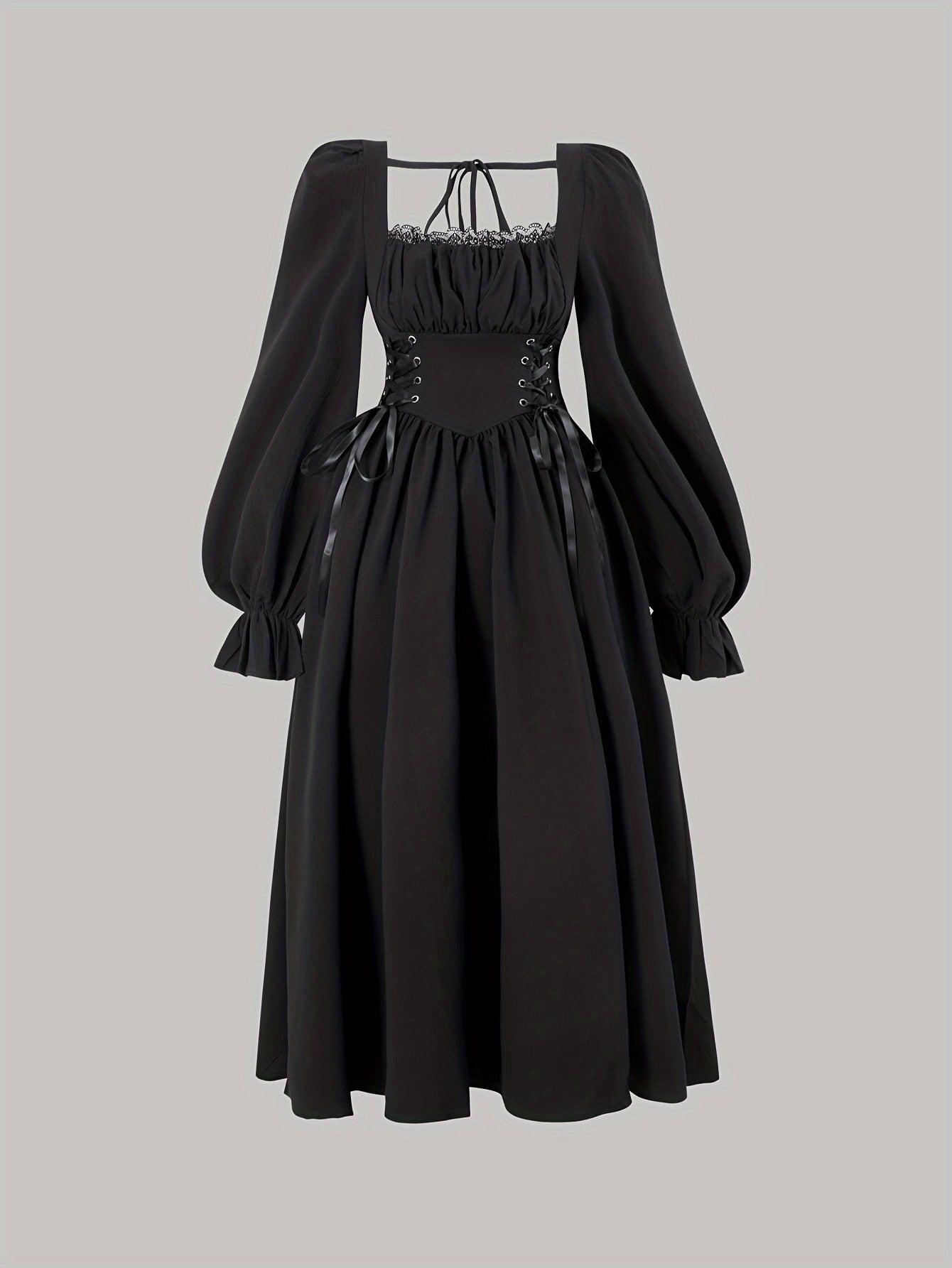 Women's targeted square collar lace patchwork chest pleated V-shaped waist metal eyelet drawstring lantern long-sleeved back wrap dress voguable