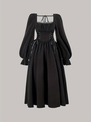 Women's targeted square collar lace patchwork chest pleated V-shaped waist metal eyelet drawstring lantern long-sleeved back wrap dress voguable