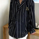 Men's Classic Stripe Polyester Shirt - 100% Woven Polyester, Lapel Collar, Non-Stretch, Button Detail, Loose Fit, Double Breasted, Long Sleeve, Casual Work Shirt for Spring/Fall gotmes-shop