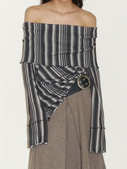 Chic French Street Style Striped Off-Shoulder Top with Ruched Detail - Long Sleeve, Polyester Blend, Machine Washable - Elegant & Unique Women's Spring/Fall Fashion, Autumn Casual Wear|Chic Offshoulder Top|Polyester Blend Top voguable