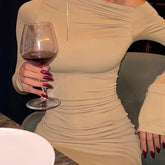 Elegant Asymmetrical One-Shoulder Bodycon Dress, Solid Color Knit Fabric, 95% Polyester 5% Elastane, All-Season, 170g/m², Adult - Chic Side Slit Hip-Wrapping Party Dress voguable