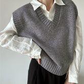 Preppy V Neck Solid Color Sleeveless Sweater Vest - Women's Clothing For Fall & Winter voguable