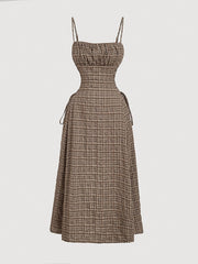 Vintage Beige Plaid Midi Dress for Women with Front Right Side Ruched Tie Detail - Sleeveless, Polyester, Machine Washable - Ideal for Spring/Summer/Fall voguable