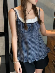 Y2K Checkered Faux Two-Piece Lace Layered Tank Top for Japanese And Korean Style. voguable