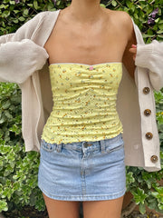 Floral Pattern Eyelet Tube Top, Y2K Ruched Strapless Slim Top For Spring & Summer, Women's Clothing voguable