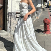 1pc Y2K Style Women's Summer Tiered Midi Skirt - 95% Polyester, 5% Elastane, Solid Color, Ruffle Hem, Elastic Waist, Flowy A-Line Maxi Skirt for Beach and Streetwear, Long Skirt, Cute voguable