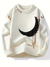 Cozy Acrylic Blend Crescent Moon Sweater - Men's Trendy Distressed Long Sleeve Pullover - Versatile & Warm for Fall/Winter, Plus Size voguable