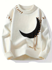 Cozy Acrylic Blend Crescent Moon Sweater - Men's Trendy Distressed Long Sleeve Pullover - Versatile & Warm for Fall/Winter, Plus Size voguable