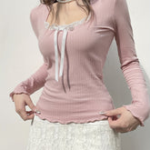 Lace Trim Bow Decor T-Shirt, Casual Long Sleeve Top for Spring & Fall, Women's Clothing voguable