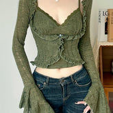 This French-Style Lace Camisole And Flared Sleeve Cardigan Make a Truly Vintage And Sexy Two-Piece Outfit for Streetwear in Spring And Autumn. voguable