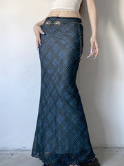 Y2K-Inspired Vintage Plaid Mesh Maxi Skirt with Bow Detail - Stretchy & Machine Washable, Elegant Two-Layer Design for Women voguable