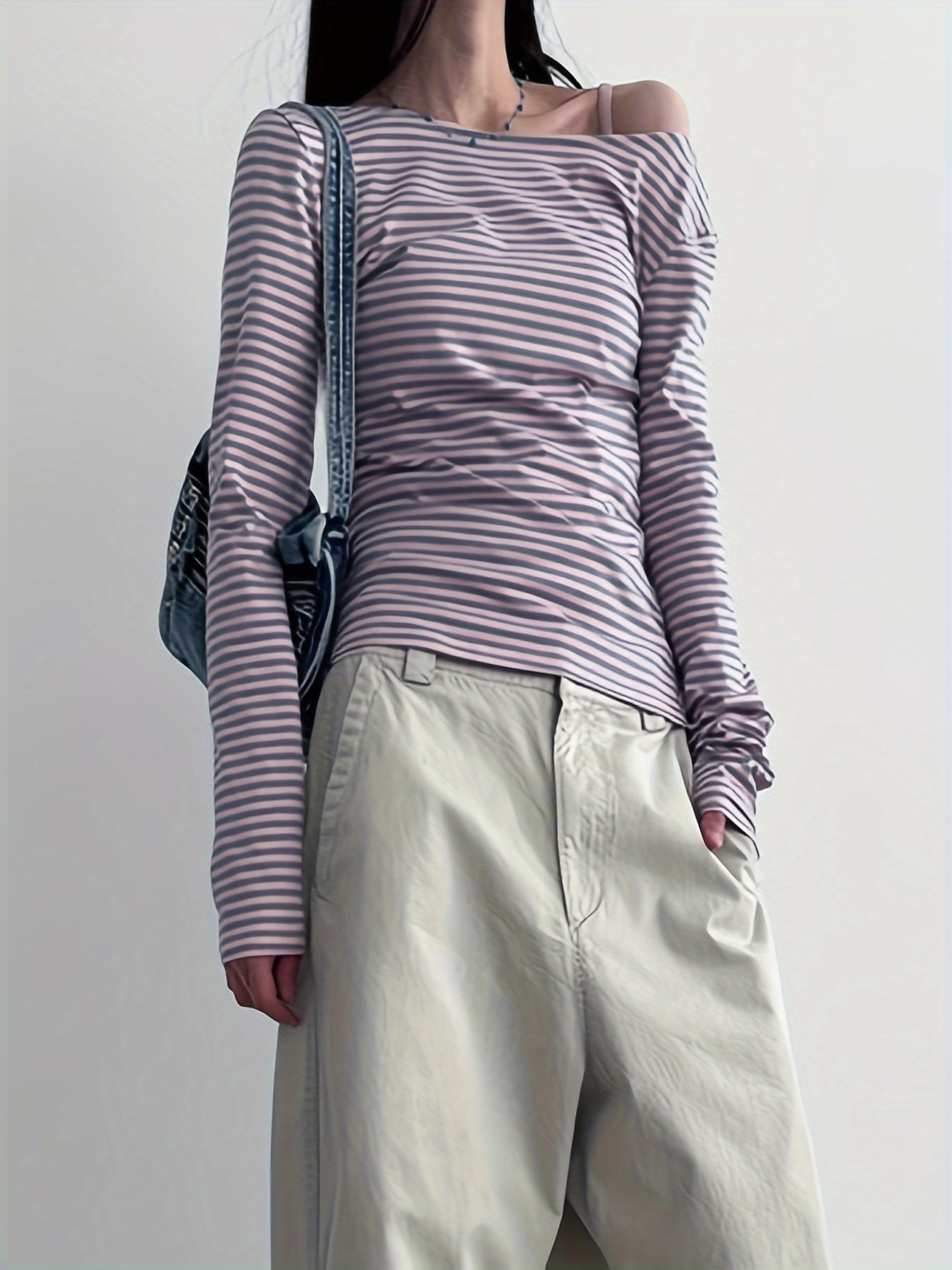 Chic Striped Backless Cross-Tie T-Shirt - Slim Fit, Long Sleeve Casual Top for Women, Machine Washable voguable