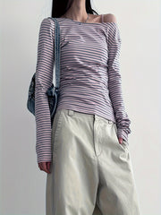 Chic Striped Backless Cross-Tie T-Shirt - Slim Fit, Long Sleeve Casual Top for Women, Machine Washable voguable