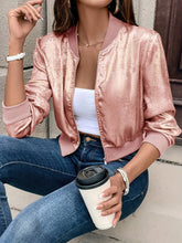Everyday Comfort, Elegant Women's Pink Metallic Bomber Jacket - Long Sleeve, Zip-Up with Baseball Collar, Polyester Blend, Machine Washable for Spring & Fall Fashion, Spring Jacket|Glossy Finish Jacket|Polyester Blend Jacket voguable
