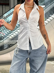 Solid Color Button Front Tank Top, Casual Backless Ruched Slim Top For Spring & Summer, Women's Clothing voguable