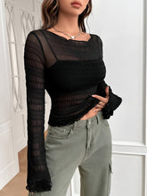 Solid Textured Mesh Slim T-Shirt, Casual Long Sleeve T-Shirt For Spring & Fall, Women's Clothing voguable
