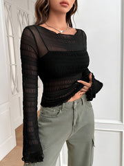 Solid Textured Mesh Slim T-Shirt, Casual Long Sleeve T-Shirt For Spring & Fall, Women's Clothing voguable