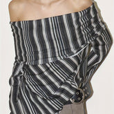 Chic French Street Style Striped Off-Shoulder Top with Ruched Detail - Long Sleeve, Polyester Blend, Machine Washable - Elegant & Unique Women's Spring/Fall Fashion, Autumn Casual Wear|Chic Offshoulder Top|Polyester Blend Top voguable