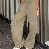 Women's Casual Solid Color Drawstring Waist Knit Polyester Straight Leg Pants - Elegant Summer Collection voguable