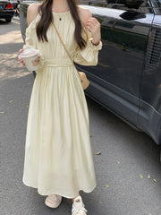 New Style High-end Long-Sleeved Dress with Exposed Shoulders and Waist for Women, Slimming A-line Dress voguable