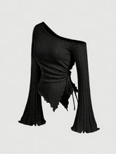 Elegant Asymmetrical Hem Flare Sleeve Off-Shoulder T-Shirt, Polyester Knit Fabric with Elastane, Solid Color, Long Batwing Sleeves, Skinny Fit, Medium Stretch, for All Seasons voguable