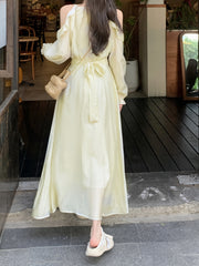New Style High-end Long-Sleeved Dress with Exposed Shoulders and Waist for Women, Slimming A-line Dress voguable