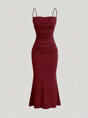 Stretchy Ruched Spaghetti Dress for Women - Elegant Solid Color Suspender, Machine Washable Polyester Blend voguable