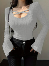 Crisscross Scoop Neck Skinny Top, Casual Solid Color Long Sleeve Ribbed Top For Spring & Fall, Women's Clothing voguable
